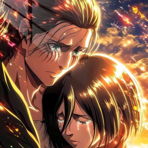 Eren & Mikasa Embracing Orange & Gold