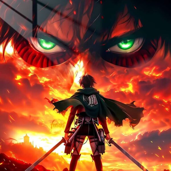 Eren Titan'S Gaze Fiery Sunset Red