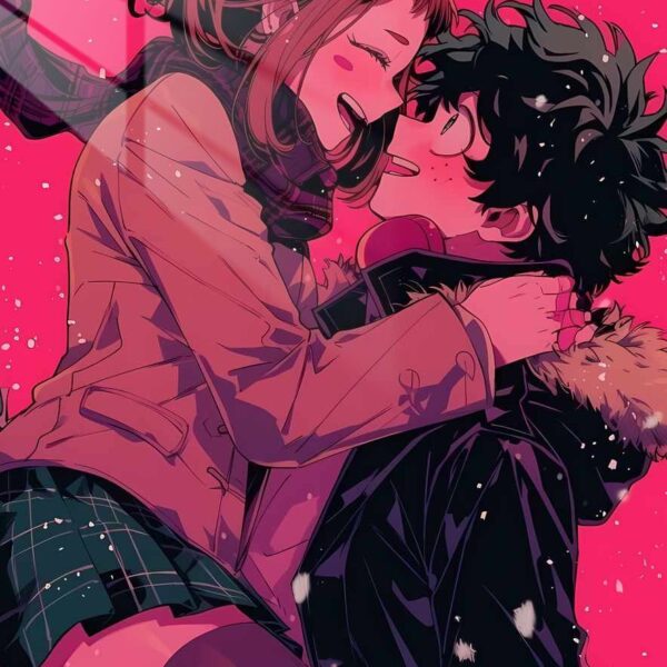 Izuku And Ochaco Embrace Pink