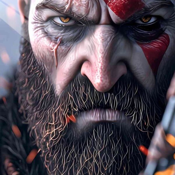 Kratos' Gaze Intricate Linework Dark Amber