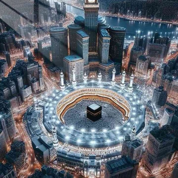 Makkah At Night Cyberpunk Blue