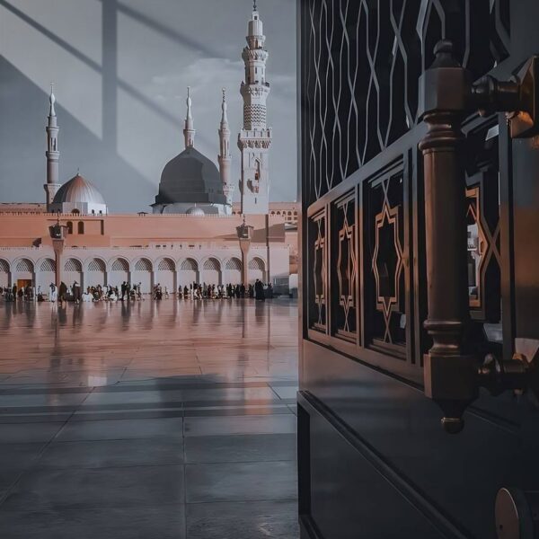 Masjid Nabawi Through A Gate Framed Sepia