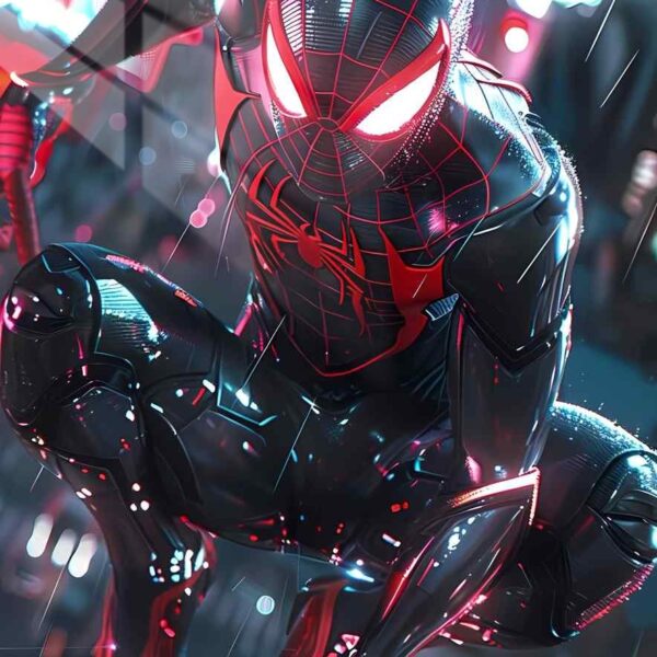 Miles Morales Cyberpunk Rain Red Neon