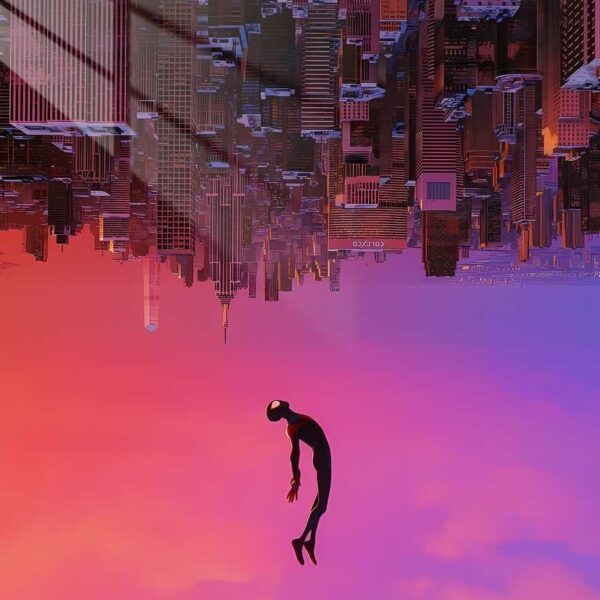 Miles Morales Falling Inverted Cityscape Pink, Purple