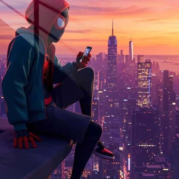 Miles Morales Rooftop Chill 3D Render Purple Sunset