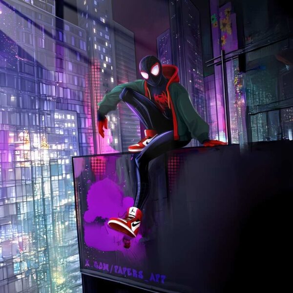Miles Morales Rooftop Perch Stylized Cityscape Purple