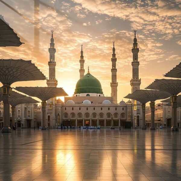 Prophet'S Mosque Sunset Golden Hour Orange