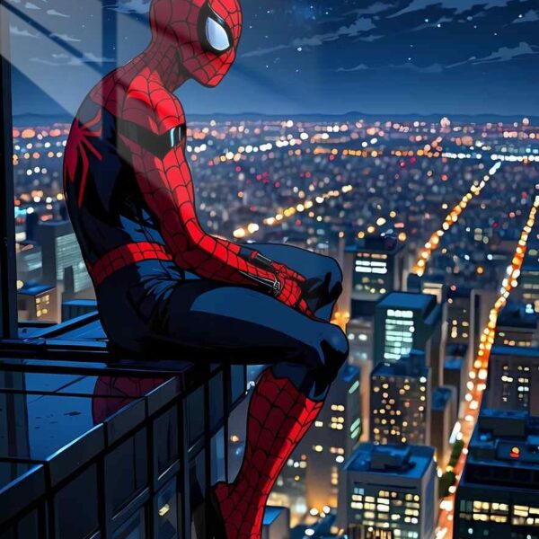 Spider Man Contemplating City Anime Style Dark Blue