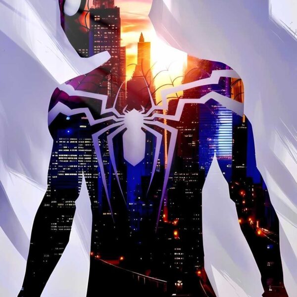 Spider Man Silhouette Cityscape Fusion Purple, Blue