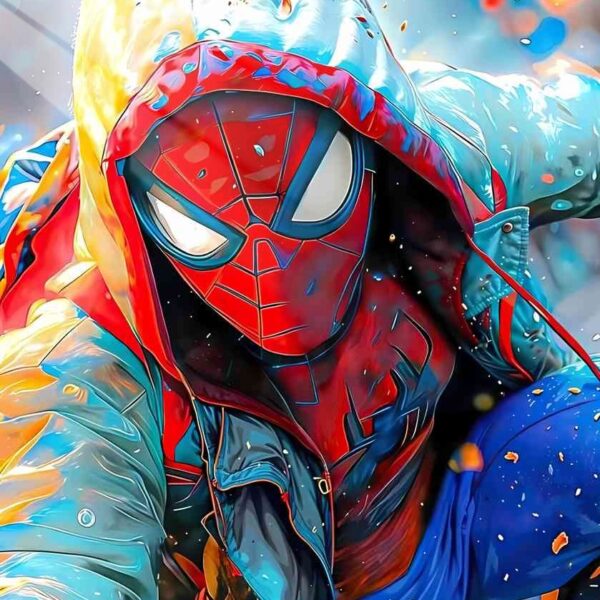 Spider Man In Hoodie Dynamic Brushstrokes Red, Teal, Orange