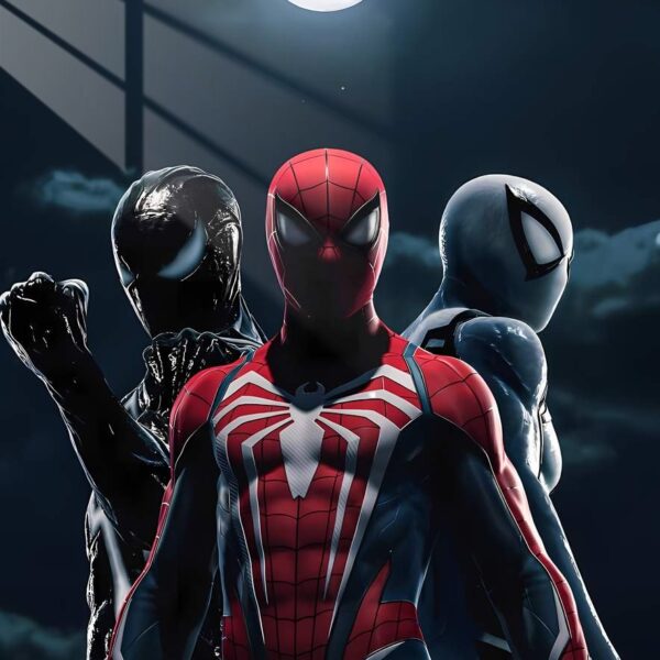 Spider Trio Under The Moon Dramatic Lighting Dark Red & Blue