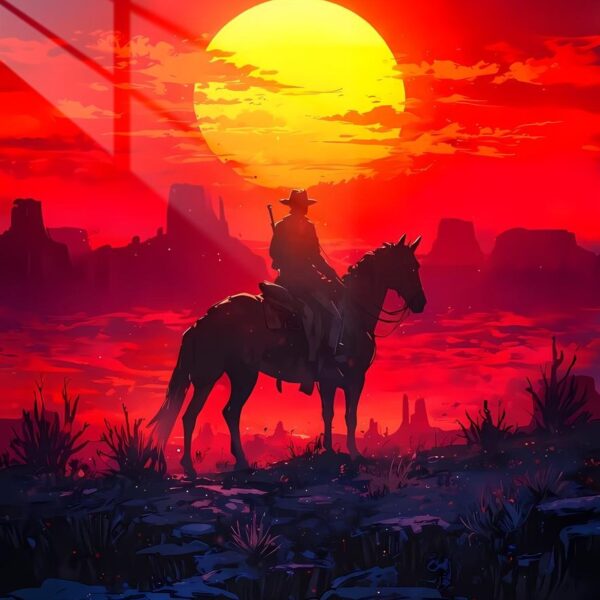 Lone Rider Sunset Silhouette Red