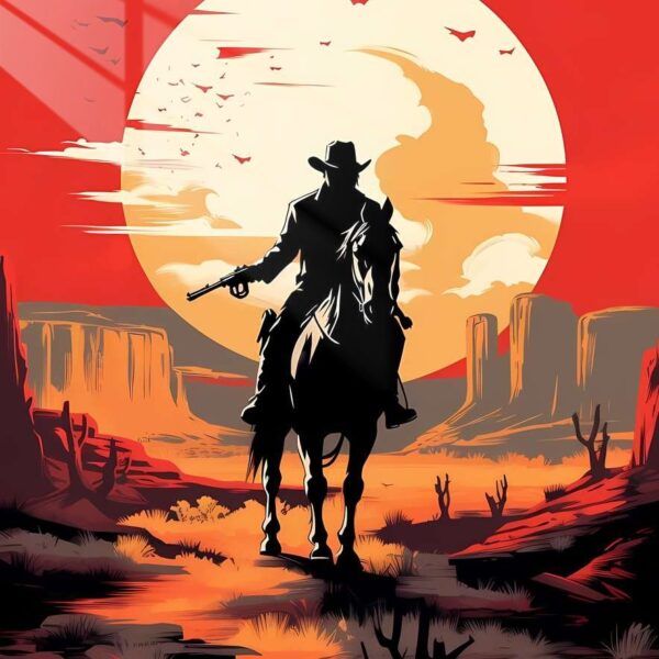 Lone Rider Sunset Silhouette Red Orange